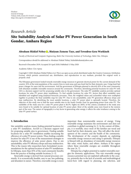 Research Article Site Suitability Analysis of Solar PV Power Generation in South Gondar, Amhara Region