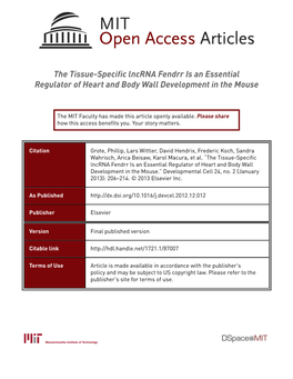 The Tissue-Specific Lncrna Fendrr Is an Essential Regulator of Heart and Body Wall Development in the Mouse
