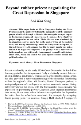 Beyond Rubber Prices: Negotiating the Great Depression in Singapore