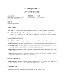 CURRICULUM VITAE for ROBERT B. FRANCE Last Updated: August 2014