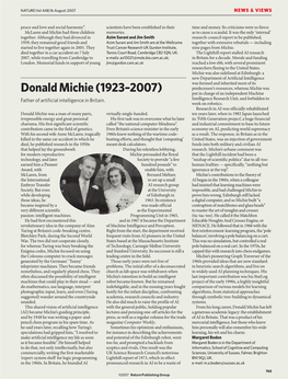 Donald Michie (1923–2007) Put in Charge of an Independent Machine Father of Artificial Intelligence in Britain