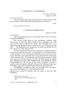 1. Letter to J. C. Kumarappa 2. Letter to Amrit Kaur