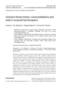 Inclusive Fitness Theory 203 Which Hamiltonian Thinking Has Been Extended Gamergate (Monnin & Peeters 1999)