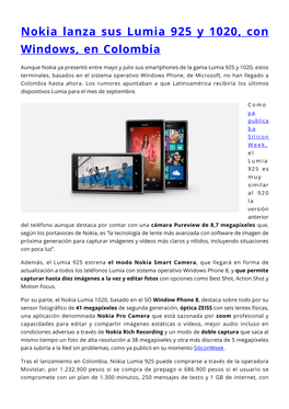 Nokia Lanza Sus Lumia 925 Y 1020, Con Windows, En Colombia