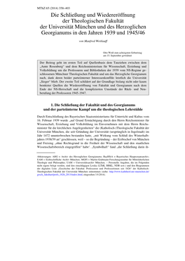 Die Schließung Und Wiedereröffnung Der Theologischen Fakultät Der Universität München Und Des Herzoglichen Georgianums in Den Jahren 1939 Und 1945/46