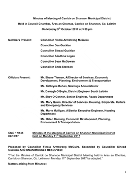 Minutes of Meeting of Carrick on Shannon Municipal District Held in Council Chamber, Áras an Chontae, Carrick on Shannon, Co. L