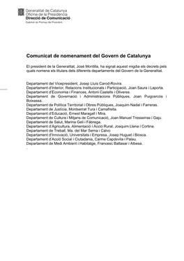 Comunicat De Nomenament Del Govern De Catalunya