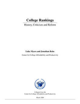 College Rankings: History Criticisms and Reform