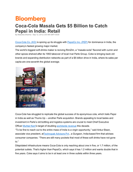 Coca-Cola Masala Gets $5 Billion to Catch Pepsi in India: Retail by Malavika Sharma - Sep 12, 2012 2:30 AM GMT+0530