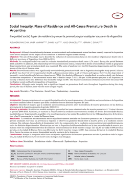 Social Inequity, Place of Residence and All-Cause Premature Death in Argentina