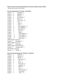 Below Are Scores from the Spring 2019 Sports Contests (*Denotes Section Contest) - by Sport with Winner in First Column