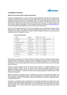 Press Release Europe's Ten Tallest Skyscrapers