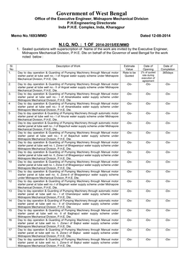 Government of West Bengal Office of the Executive Engineer, Midnapore Mechanical Division P.H.Engineering Directorate Inda P.H.E