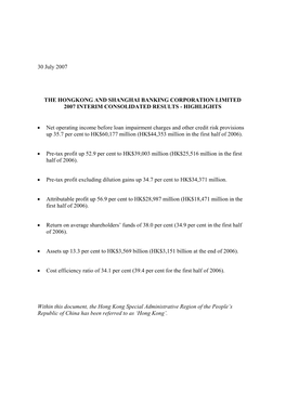 The Hongkong and Shanghai Banking Corporation Limited 2007 Interim Consolidated Results - Highlights