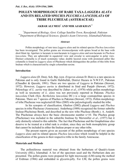 Pollen Morphology of Rare Taxa Laggera Alata and Its Related Species Pluchea Lanceolata of Tribe Plucheeae (Asteraceae)