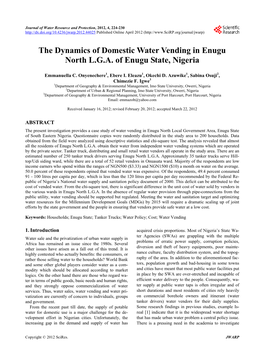 The Dynamics of Domestic Water Vending in Enugu North L.G.A Of