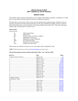 Alberta Hansard 2018 (29Th Legislature, Fourth Session)