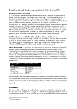 Evaluatieverslag Aandeelhouderschap Van De Staat in Thales Nederland B.V