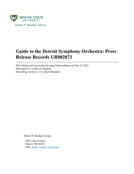 Detroit Symphony Orchestra: Press Release Records UR002872