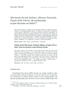 Movimento Sociale Italiano, Alleanza Nazionale, Popolo Delle Libertà: Do Neofascismo Ao Pós-Fascismo Em Itália**