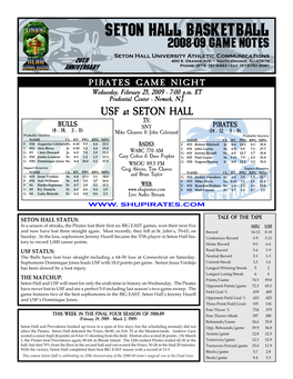 SETON HALL BASKETBALL 2008-09 GAME NOTES Seton Hall University Athletic Communications 20Th 400 S