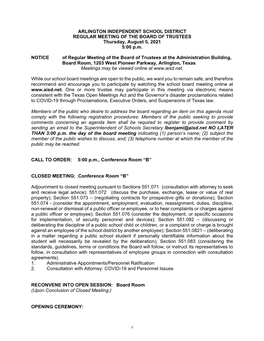 ARLINGTON INDEPENDENT SCHOOL DISTRICT REGULAR MEETING of the BOARD of TRUSTEES Thursday, August 5, 2021 5:00 P.M