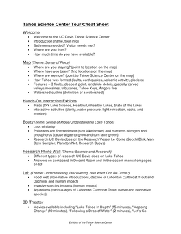 Tahoe Science Center Tour Cheat Sheet