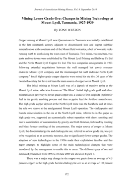 Mining Lower Grade Ore: Changes in Mining Technology at Mount Lyell, Tasmania, 1927-1939