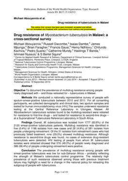 Drug Resistance of Mycobacterium Tuberculosis in Malawi