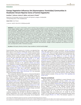 Hymenoptera: Formicidae) Communities in Headwater Stream Riparian Zones of Central Appalachia Jonathan T