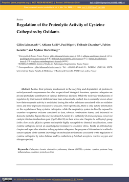 Regulation of the Proteolytic Activity of Cysteine Cathepsins by Oxidants