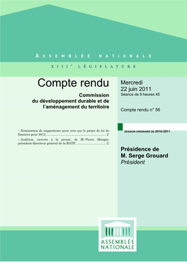 Compte Rendu Mercredi 22 Juin 2011 Commission Séance De 9 Heures 45 Du Développement Durable Et De L’Aménagement Du Territoire Compte Rendu N° 56