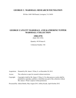 GEORGE CATLETT MARSHALL and KATHERINE TUPPER MARSHALL COLLECTION 1900-1978 (Bulk 1903-1959)