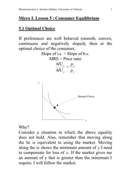 Micro I. Lesson 5 : Consumer Equilibrium