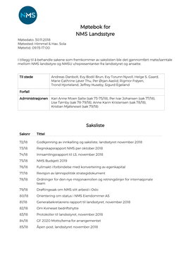 Møtebok for NMS Landsstyre Møtedato: 30.11.2018 Møtested: Himmel & Hav, Sola Møtetid: 09.15-17.00