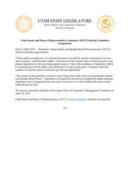 Utah Senate and House of Representatives Announce 2021/22 Interim Committee Assignments
