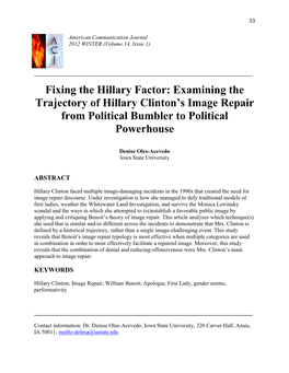 Fixing the Hillary Factor: Examining the Trajectory of Hillary Clinton’S Image Repair from Political Bumbler to Political Powerhouse