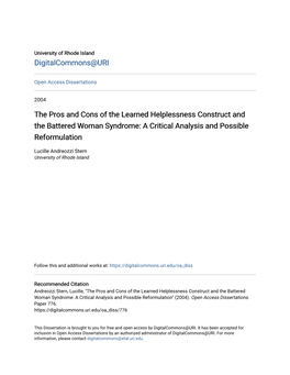 The Pros and Cons of the Learned Helplessness Construct and the Battered Woman Syndrome: a Critical Analysis and Possible Reformulation