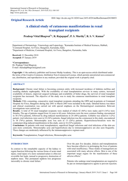 A Clinical Study of Cutaneous Manifestations in Renal Transplant Recipients