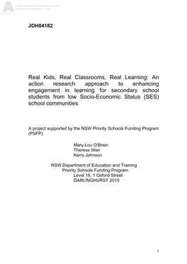 An Action Research Approach to Enhancing Engagement in Learning for Secondary School Students from Low Socio-Economic Status (SES) School Communities