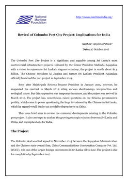 Revival of Colombo Port City Project: Implications for India