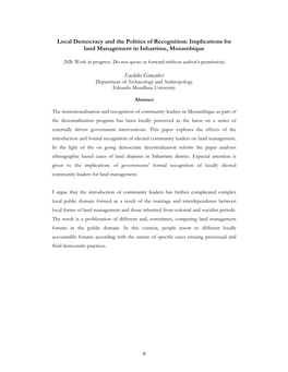 Local Democracy and the Politics of Recognition: Implications for Land Management in Inharrime, Mozambique