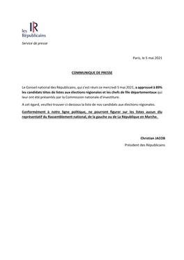 Service De Presse Paris, Le 5 Mai 2021 COMMUNIQUE DE PRESSE Le