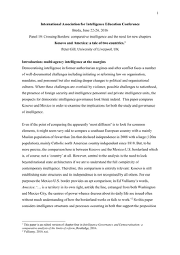 Comparative Intelligence and the Need for New Chapters Kosovo and Amexica: a Tale of Two Countries.1 Peter Gill, University of Liverpool, UK