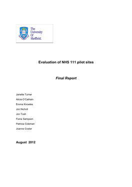 Evaluation of NHS 111 Pilot Sites Final Report