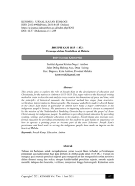 KENOSIS : JURNAL KAJIAN TEOLOGI ISSN 2460-6901(Print), 2656-4483 (Online) DOI: 10.37196/Kenosis.V1i1.285