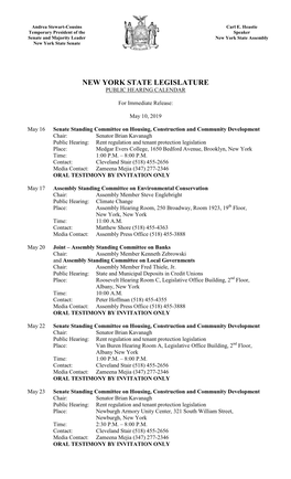 New York State Legislature Public Hearing Calendar