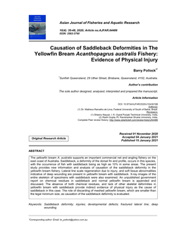 Causation of Saddleback Deformities in the Yellowfin Bream Acanthopagrus Australis Fishery: Evidence of Physical Injury