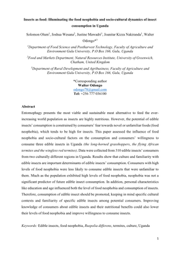 Insects As Food: Illuminating the Food Neophobia and Socio-Cultural Dynamics of Insect Consumption in Uganda