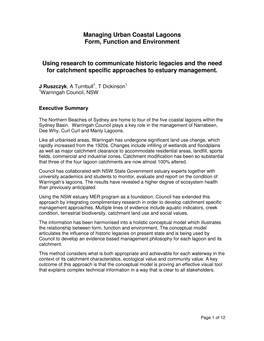 Managing Urban Coastal Lagoons Form, Function and Environment Using Research to Communicate Historic Legacies and the Need for C